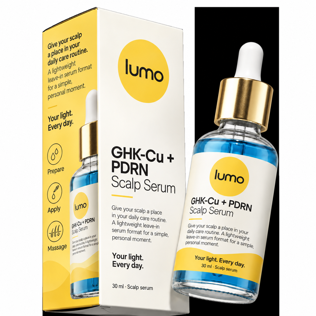 Lumo GHK-Cu + PDRN Scalp Serum — product gallery; Lumo packaging mockup