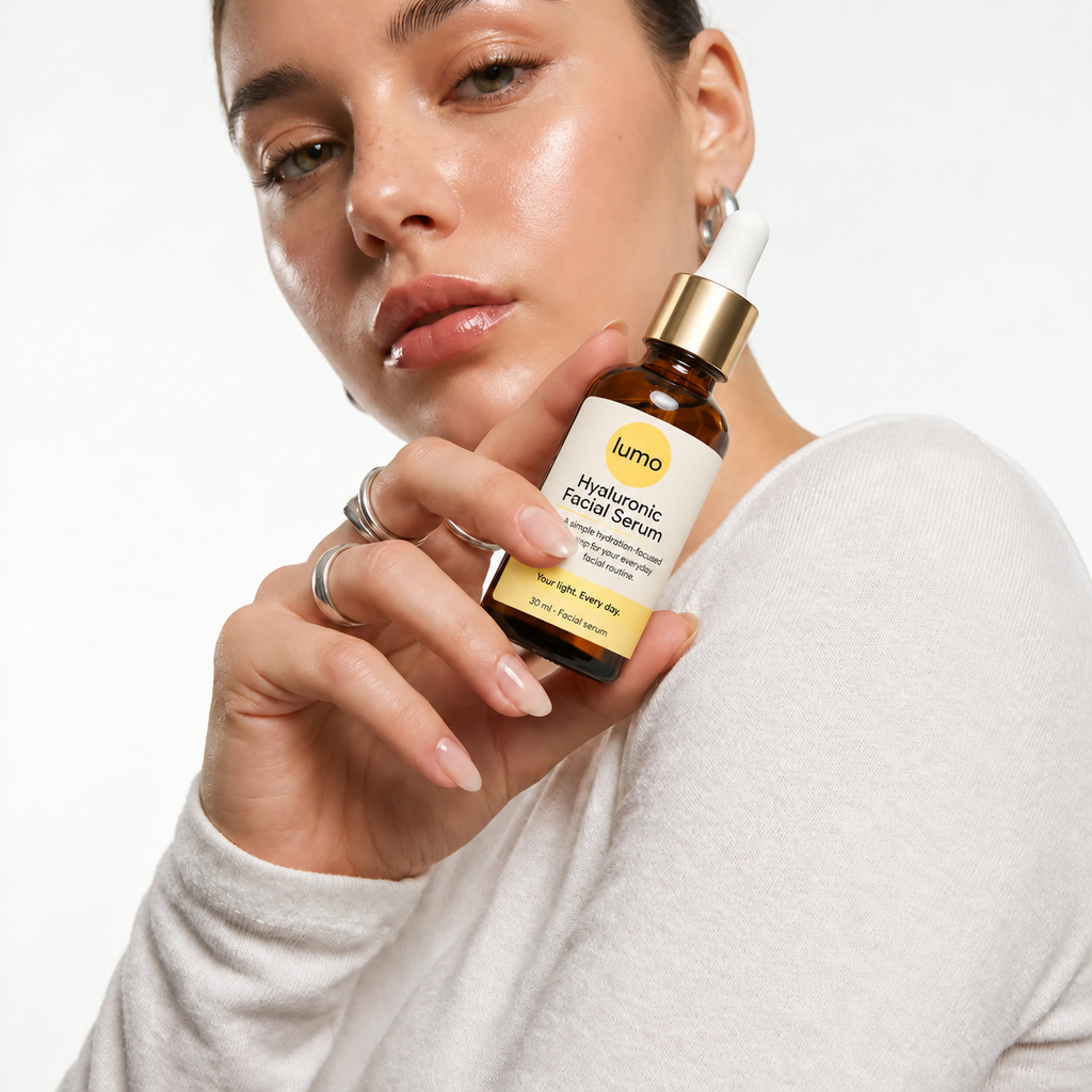 Lumo Hyaluronic Facial Serum — daily care imagery; Lumo packaging mockup