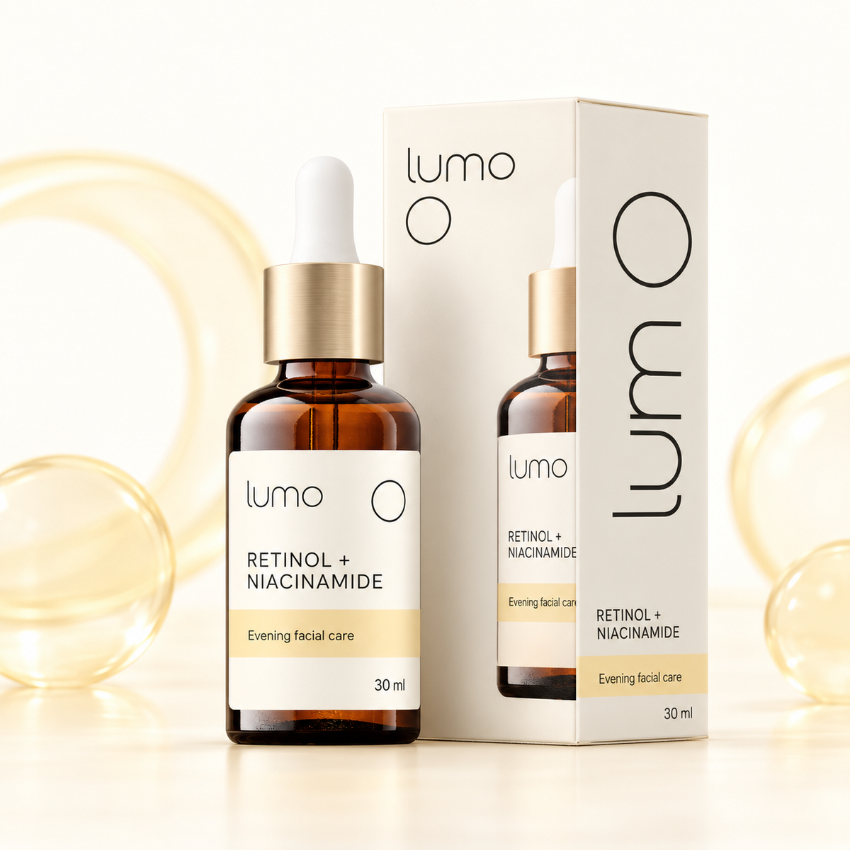 Lumo Retinol + Niacinamide Serum — packaging design mockup