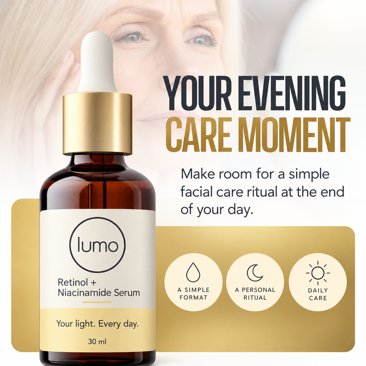 Lumo Retinol + Niacinamide Serum — Lumo care editorial mockup