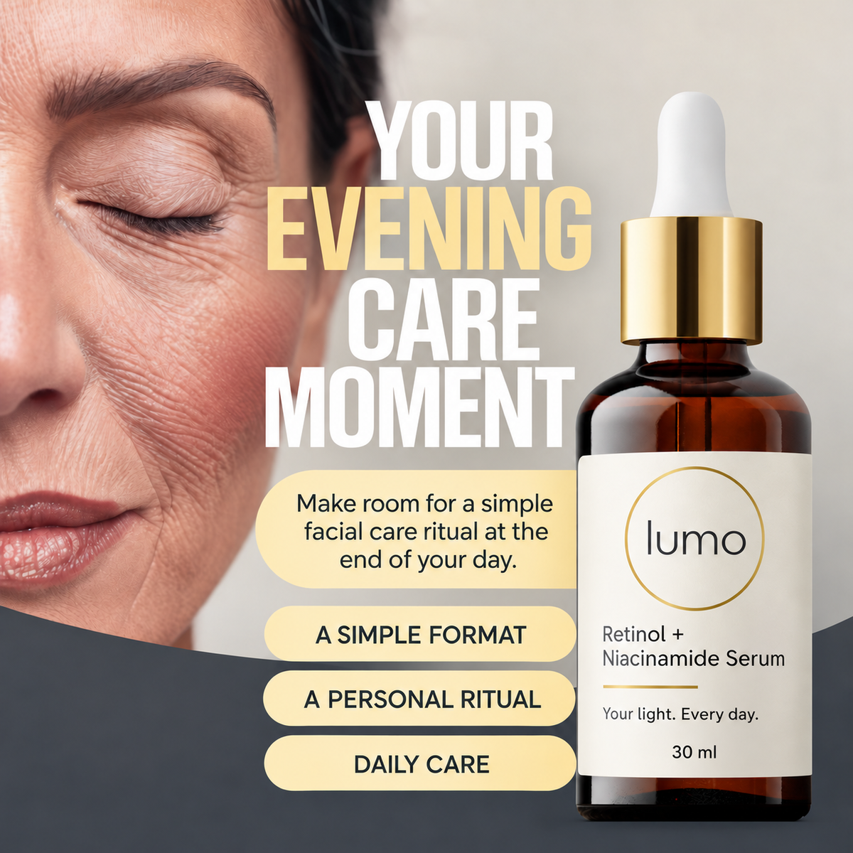 Lumo Retinol + Niacinamide Serum — Lumo care editorial mockup