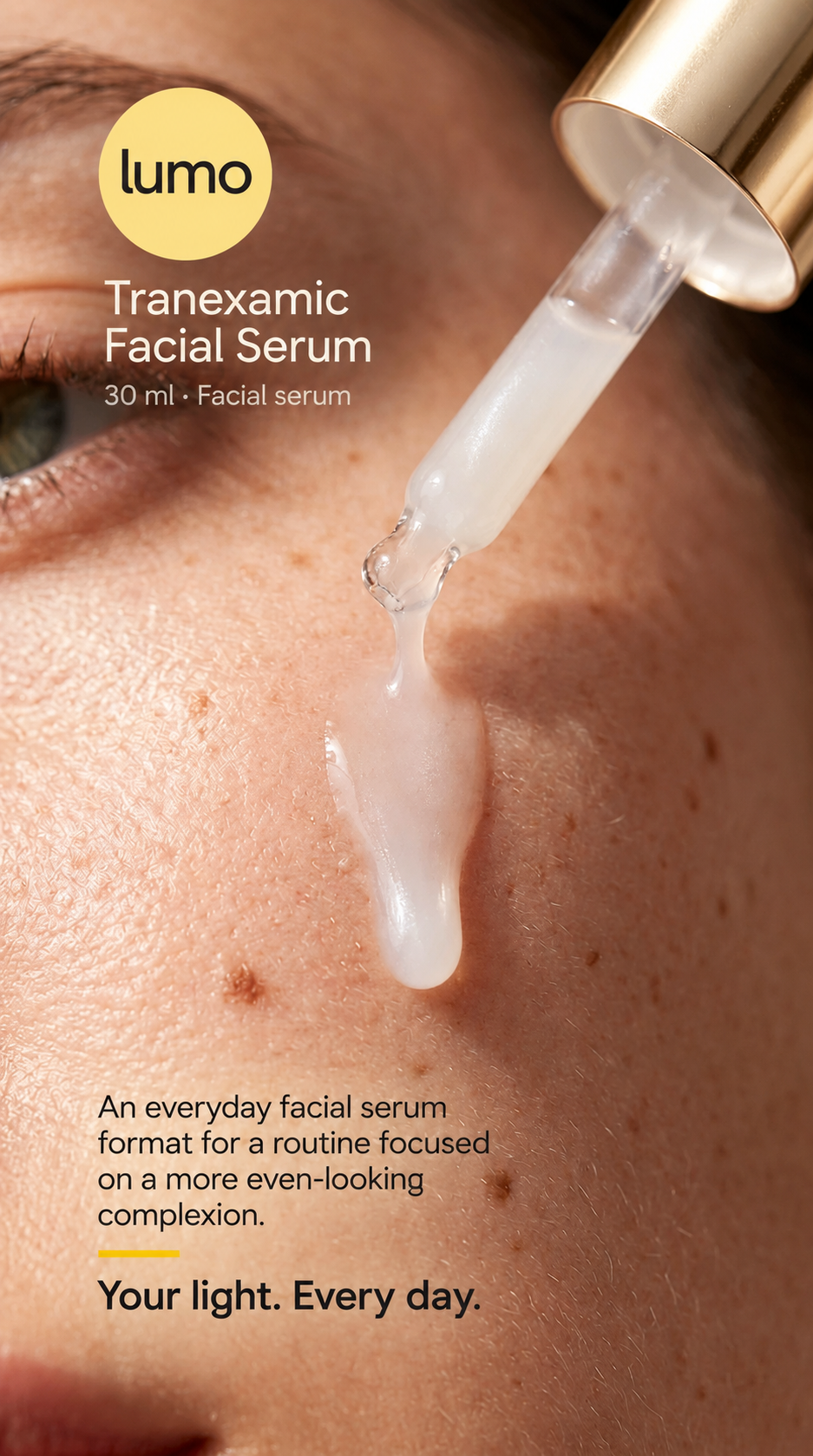 Lumo Tranexamic Facial Serum — daily care imagery; Lumo packaging mockup