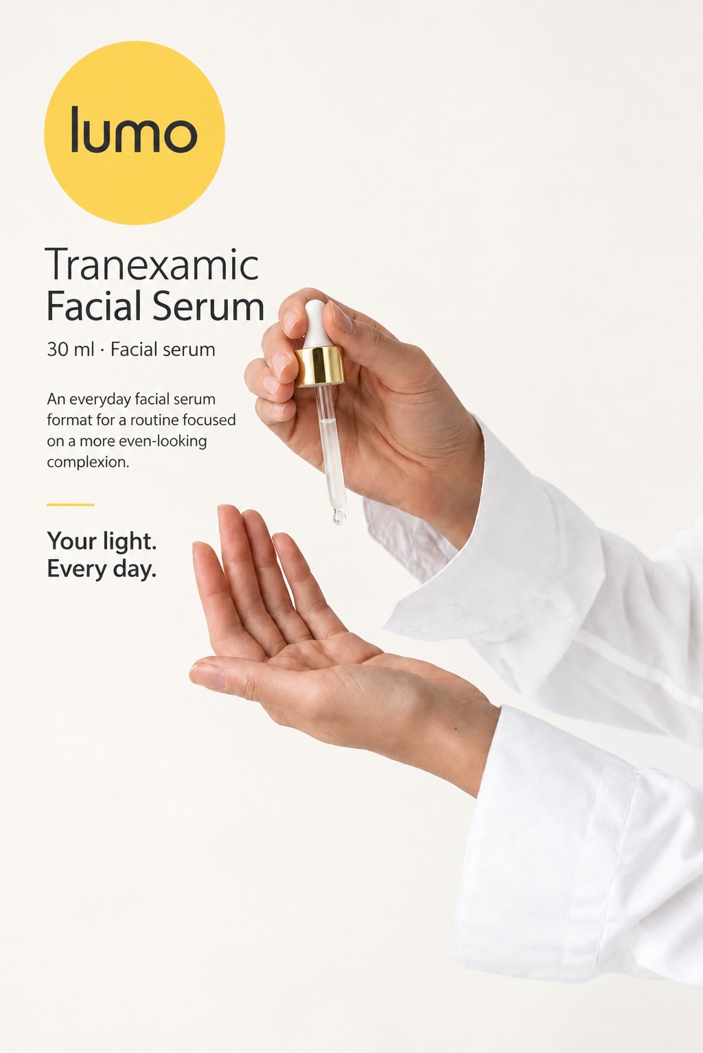 Lumo Tranexamic Facial Serum — product gallery; Lumo packaging mockup