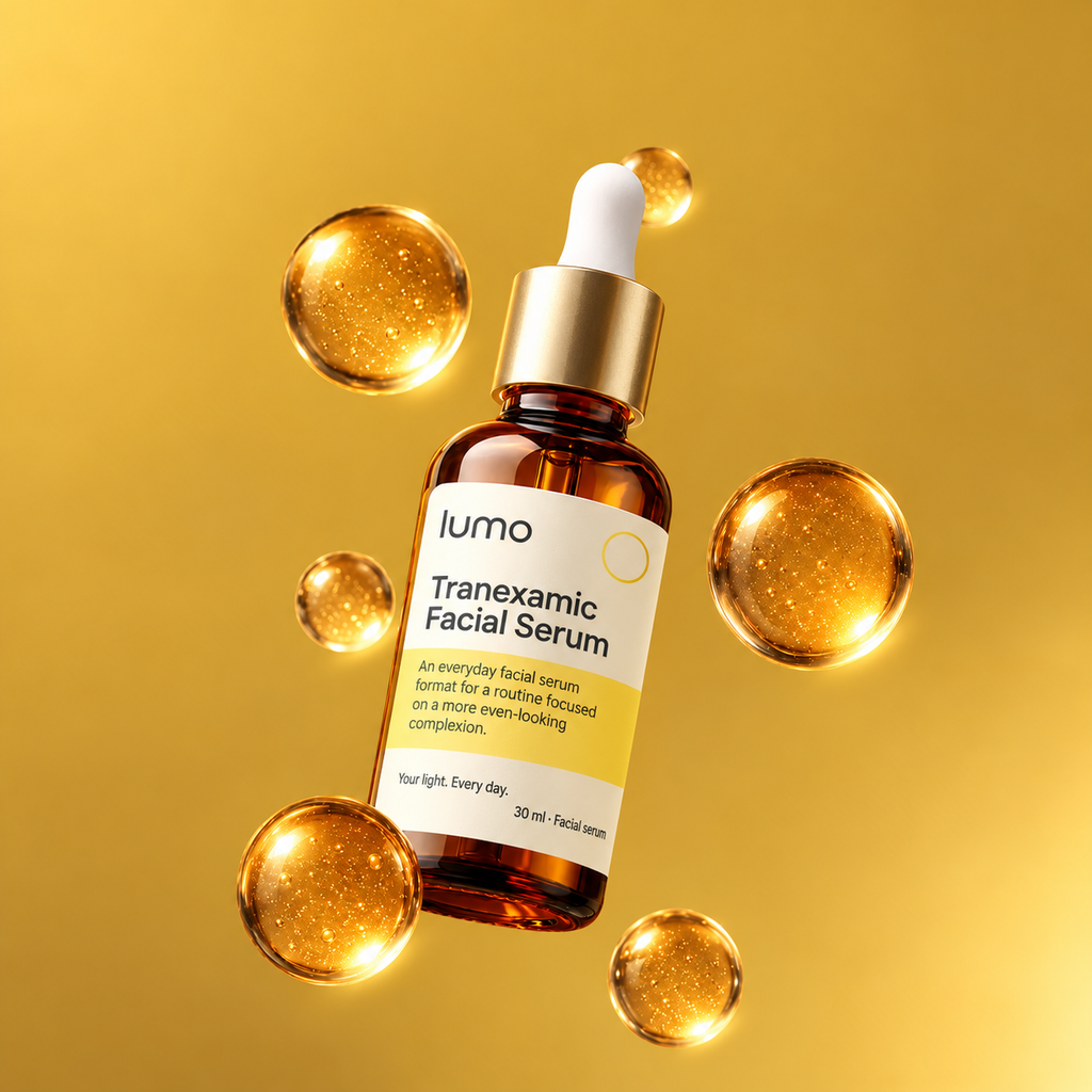Lumo Tranexamic Facial Serum — product gallery; Lumo packaging mockup