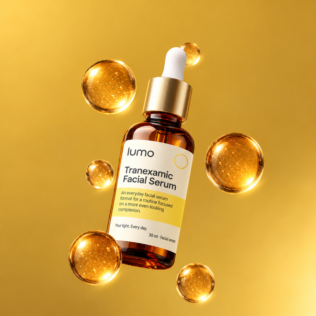 Lumo Tranexamic Facial Serum — product gallery; Lumo packaging mockup
