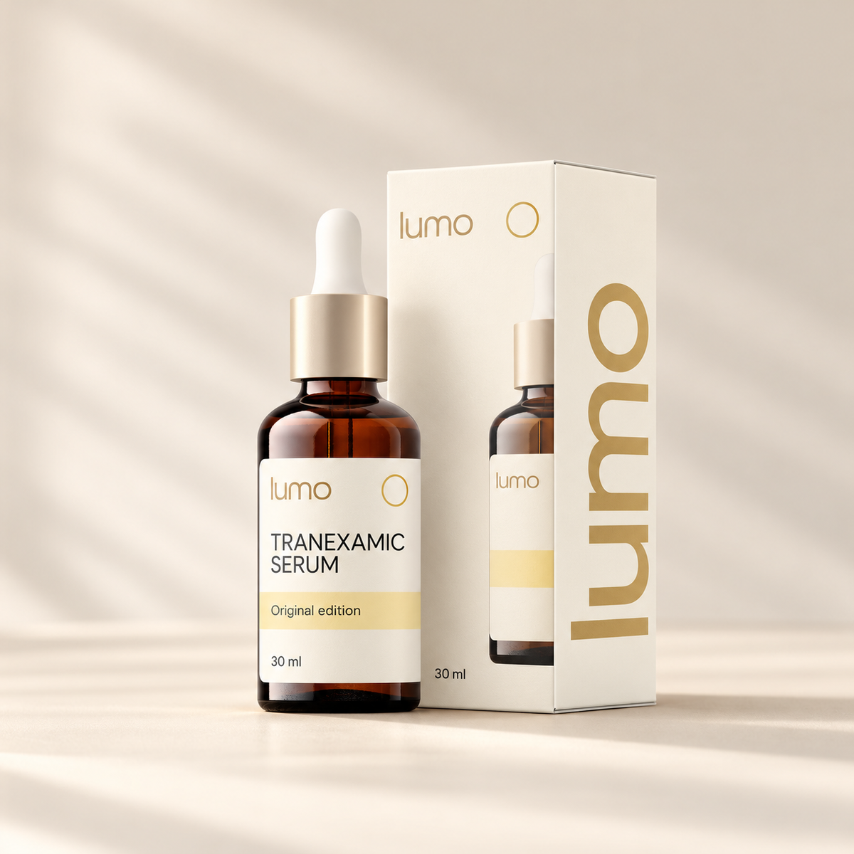 Lumo Tranexamic Serum · Original Edition — packaging design mockup