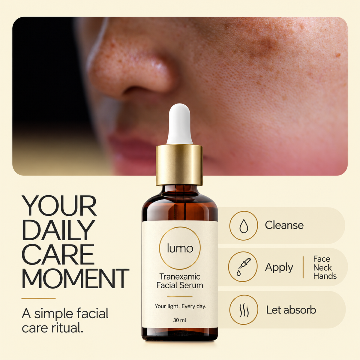 Lumo Tranexamic Serum · Original Edition — daily care editorial mockup