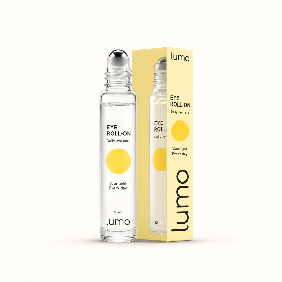 Lumo Eye Roll-On bottle and carton — packaging design mockup