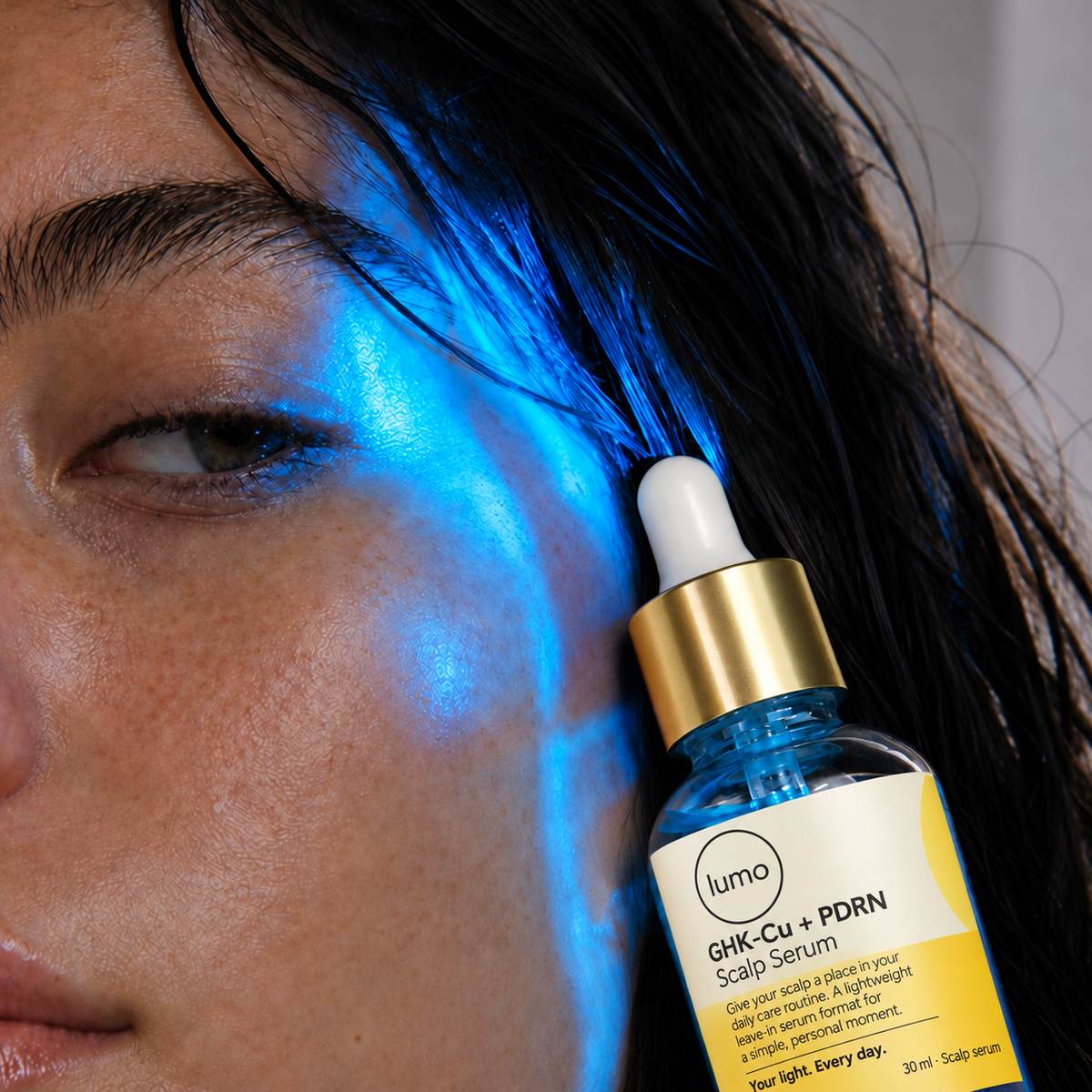 Lumo GHK-Cu + PDRN Scalp Serum — blue serum packaging mockup
