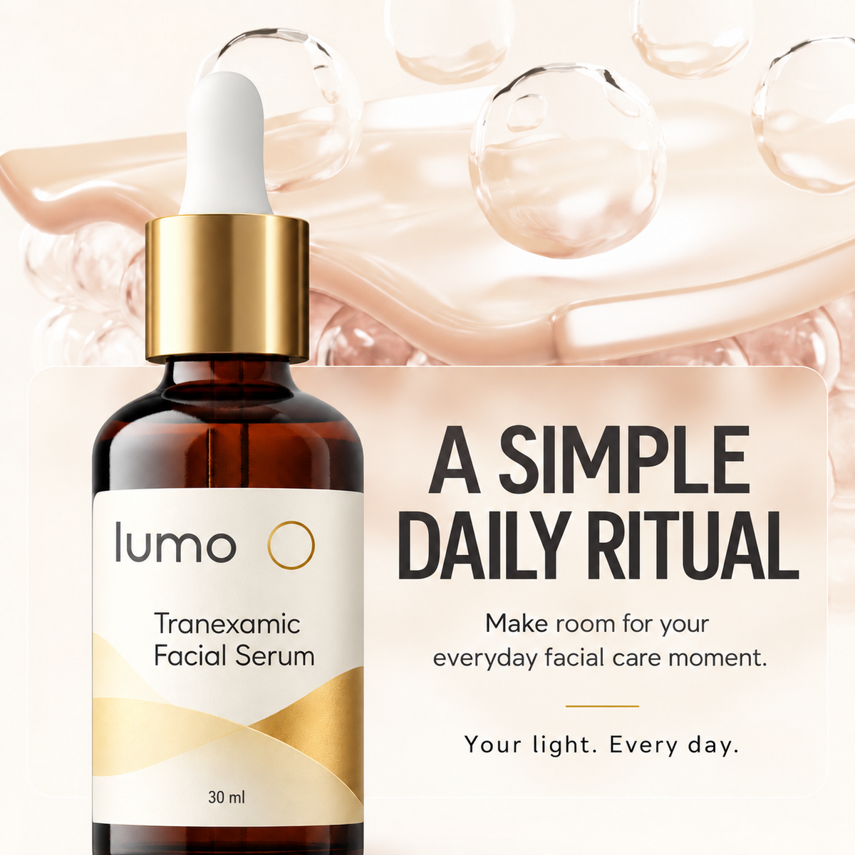 Lumo Tranexamic Facial Serum — daily care editorial mockup